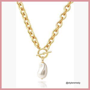 14K Gold Plated Chunky Chain Toggle Clasp Pendant Necklace